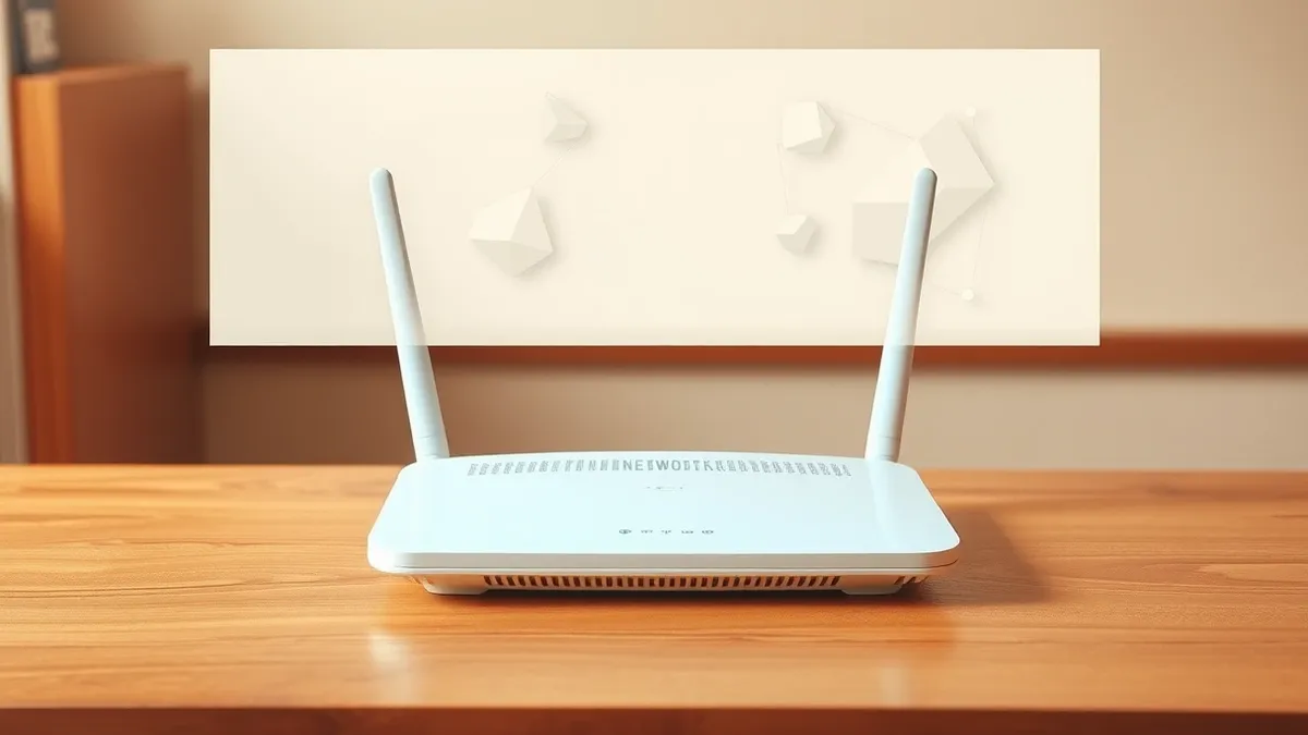 Illustration: A white wireless router sits on a wooden table with its antennas upright.