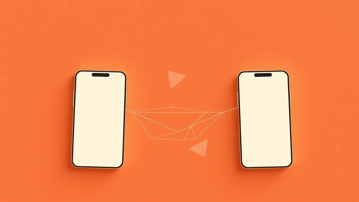Illustration: Two generic smartphones hover inches apart, connected by a faint, translucent bridge of geometric light patterns that dissolve into abstract shapes.