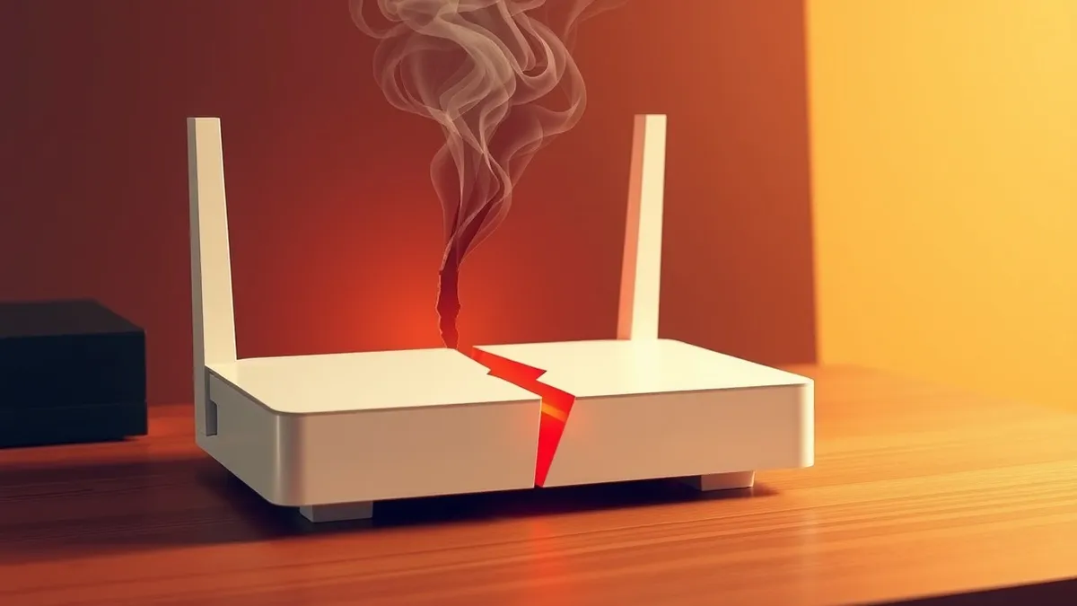 Illustration: A sleek white router sits on a wooden desk.