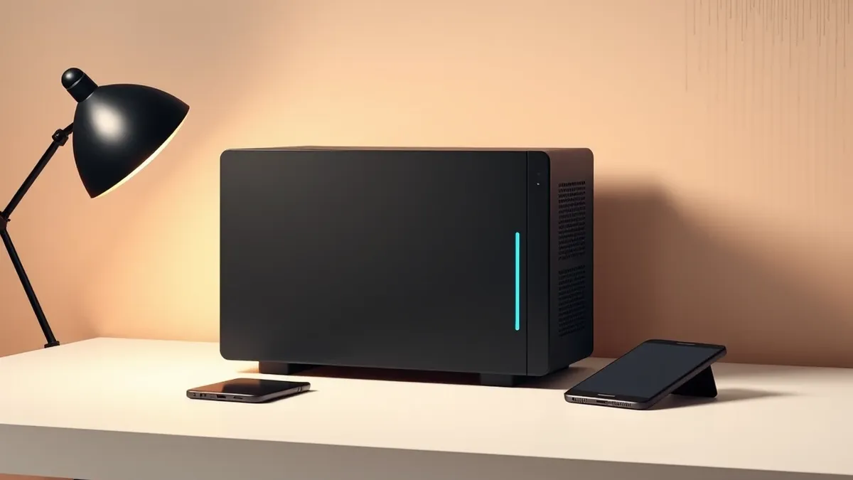 Illustration: A sleek black desktop computer sits on a minimalist white desk, emitting a soft blue glow from its ventilation slots.