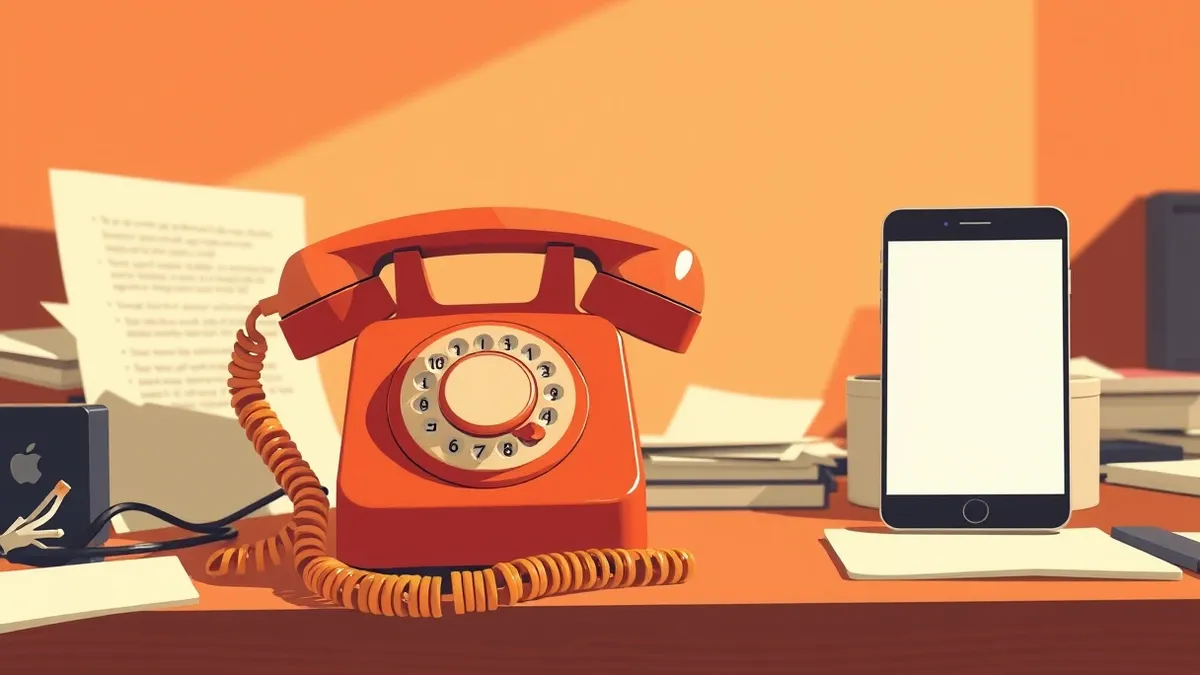 Illustration: A vintage rotary telephone sits on a cluttered wooden desk beside a modern smartphone.