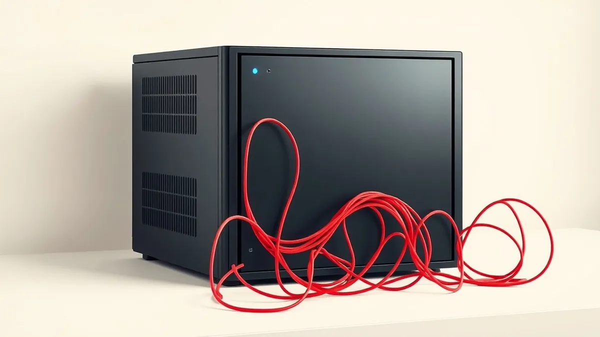 Illustration: A sleek black server unit sits on a white desk, its smooth surface reflecting soft blue light.