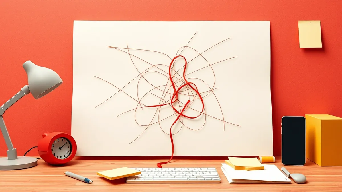 Illustration: A stark white wireframe diagram of an application workflow sits on a desk, its connecting lines broken and tangled in the center.