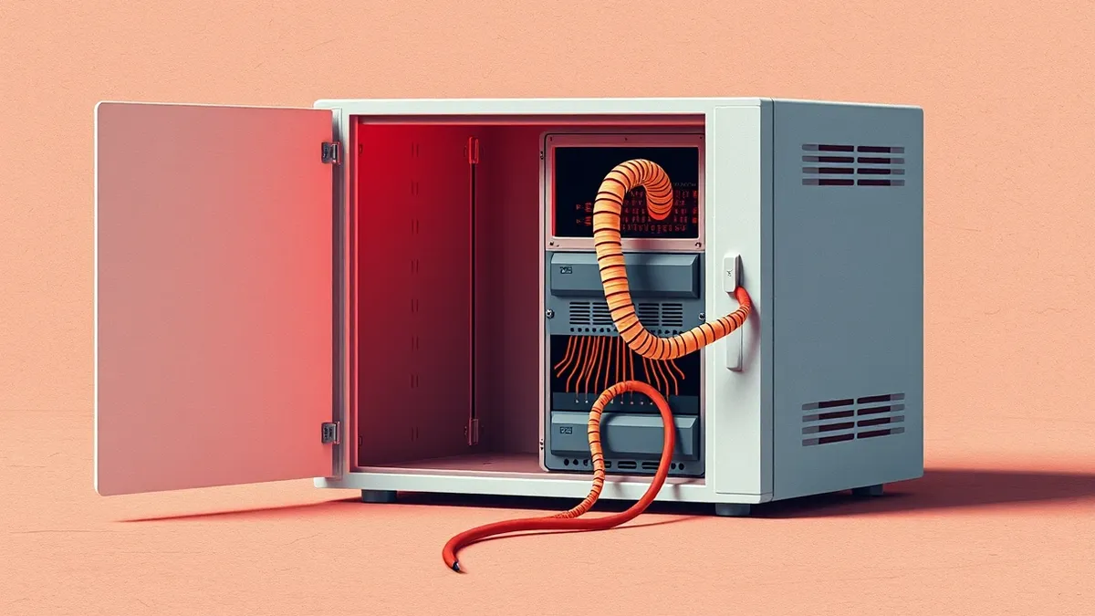 Illustration: A silver network management appliance sits on a concrete floor with its front panel open.