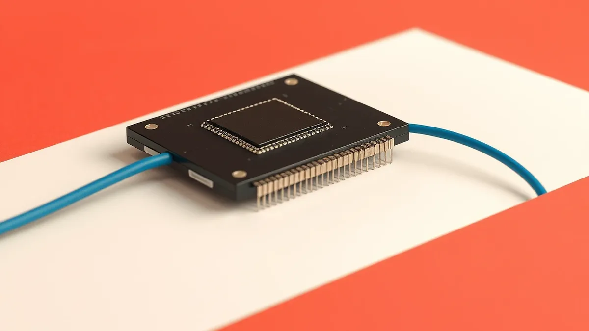 Illustration: A sleek black microchip rests on a clean white surface.