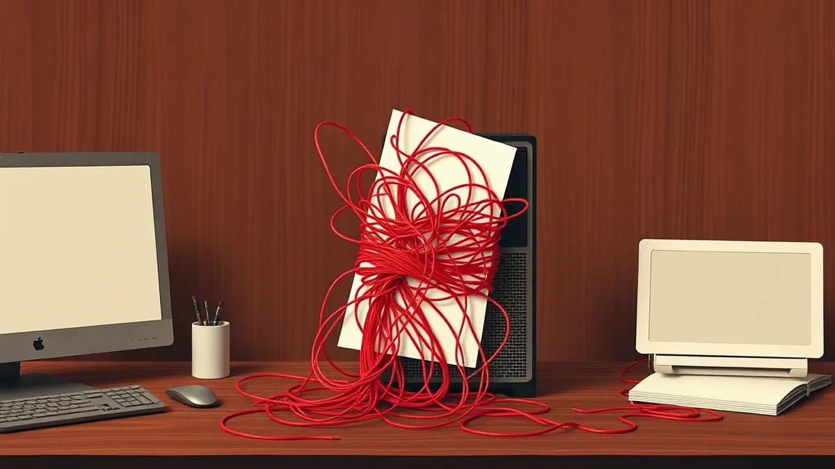 Illustration: A tangled knot of red strings spills from a sleek paper document icon onto a dark wooden desk.