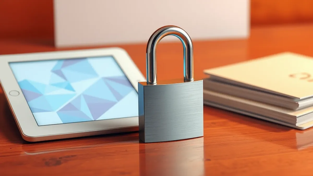 Illustration: A sleek metal padlock rests on a polished desk beside a generic tablet displaying abstract geometric patterns.
