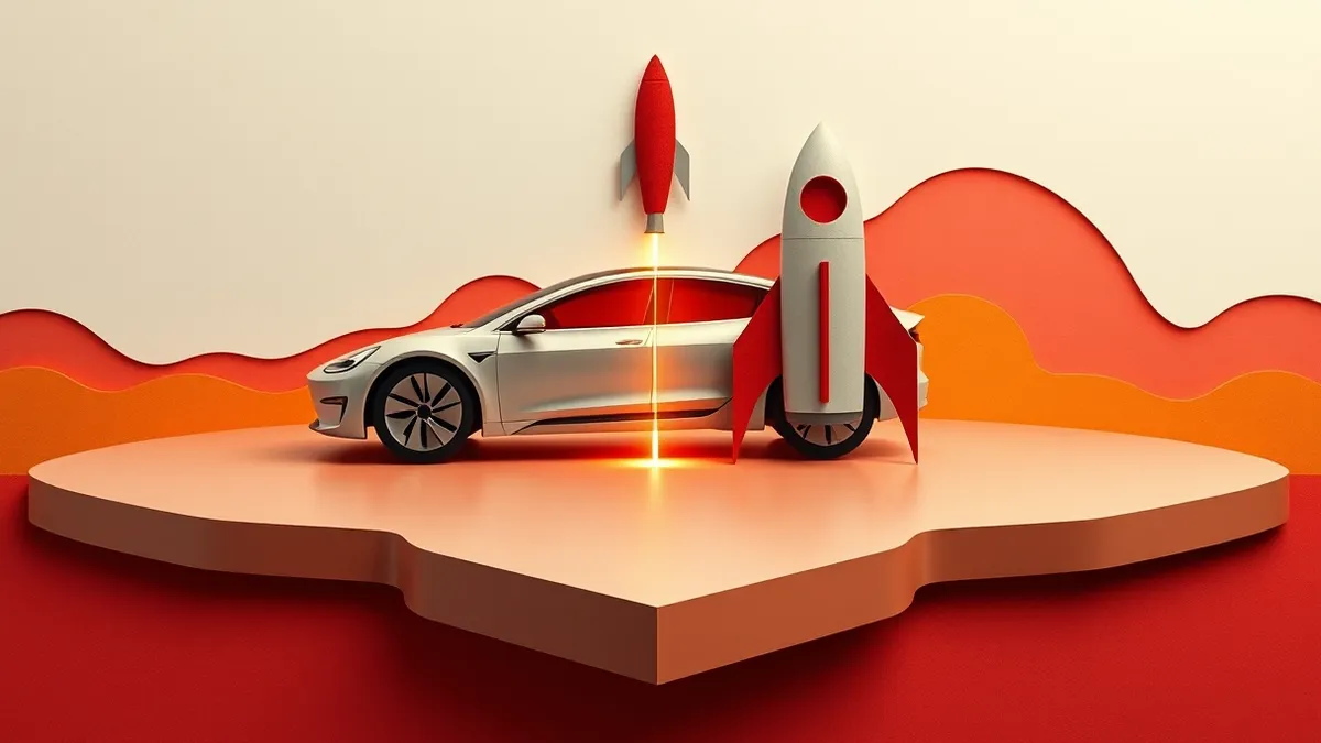 Illustration: A sleek electric sedan and a tall rocket stand side by side on a polished metallic platform, connected by a single glowing line that pulses with energy, symbolizing t