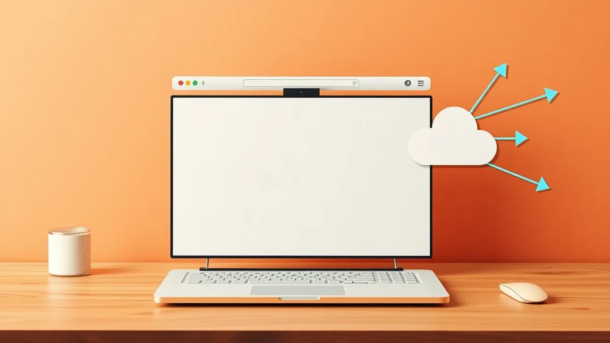Illustration: A web browser window with a blank white interface sits open on a wooden desk.