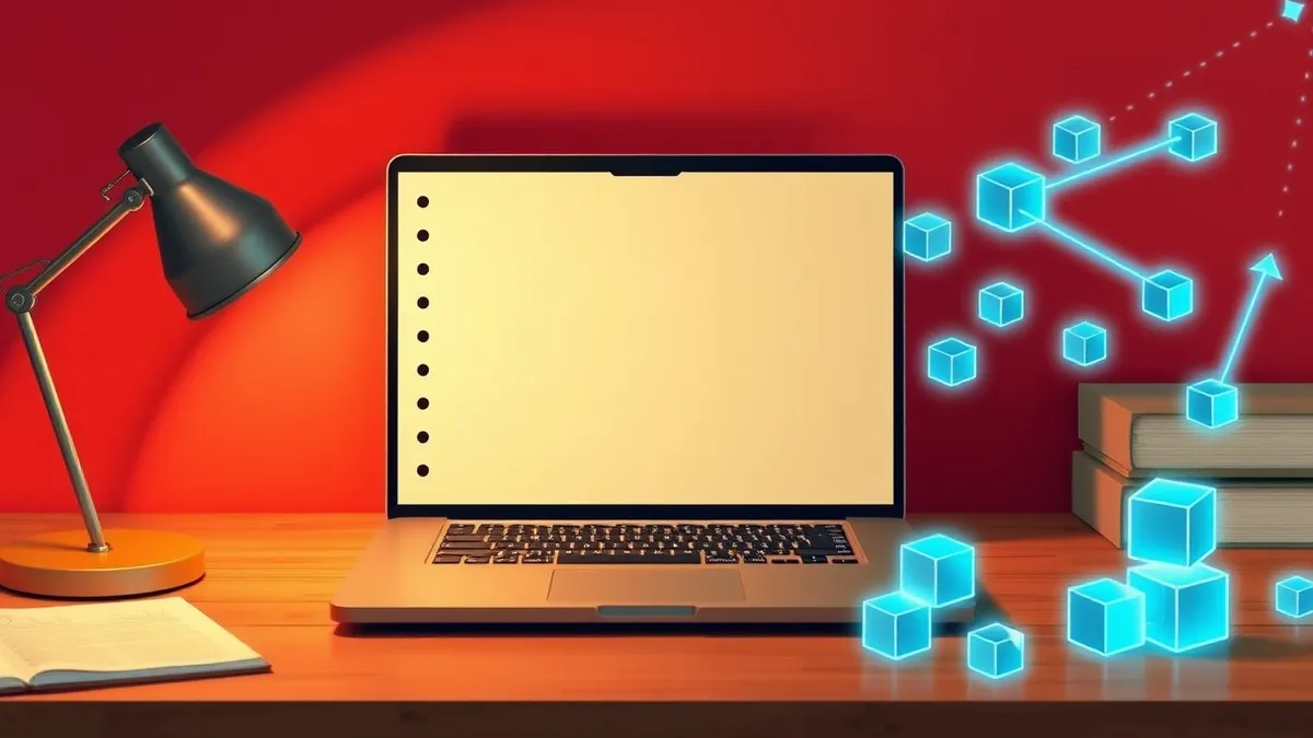 Illustration: A sleek laptop sits on a wooden desk, its screen displaying a notebook interface with blank pages and abstract geometric shapes.
