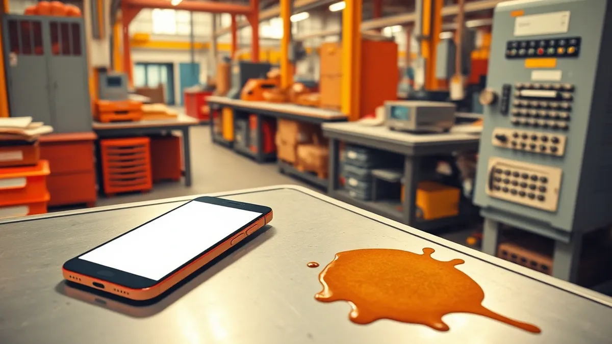 Illustration: A blank smartphone rests on a cluttered factory workstation, its screen glowing with an active login session.