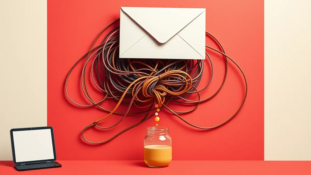Illustration: A blank white envelope floats above a dark, tangled knot of transparent wires, symbolizing hidden identity.