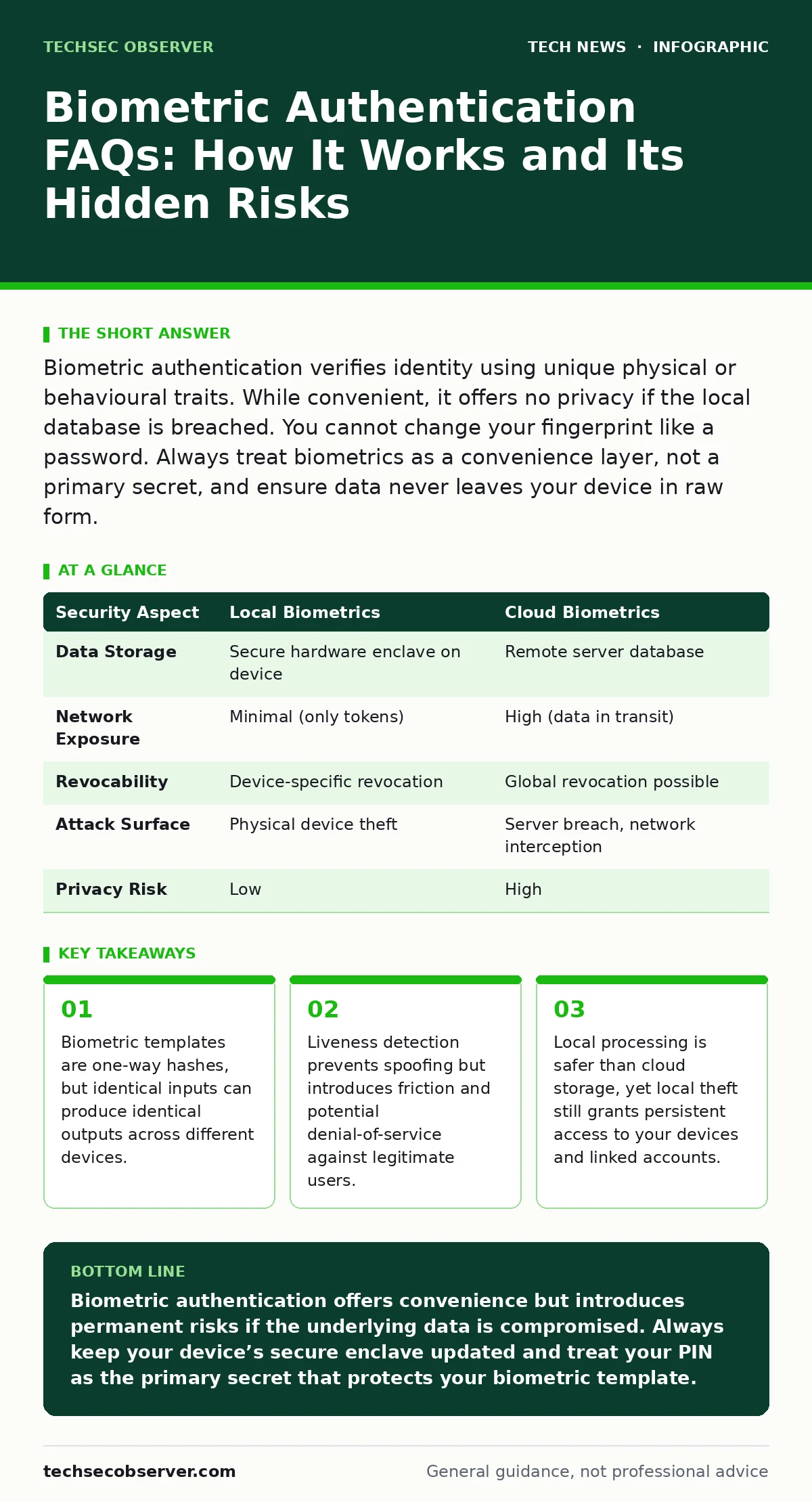 Infographic: Biometric Authentication FAQs: How It Works and Its Hidden Risks. Biometric templates are one-way hashes, but identical inputs can produce identical outputs across different devices. Liveness detection prevents spoofing but introduces friction and potential denial-of-service against leg