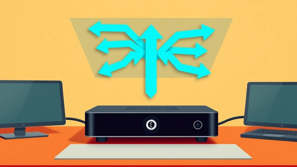 Illustration: A sleek black gateway device sits on a desk with translucent digital layers hovering above it.
