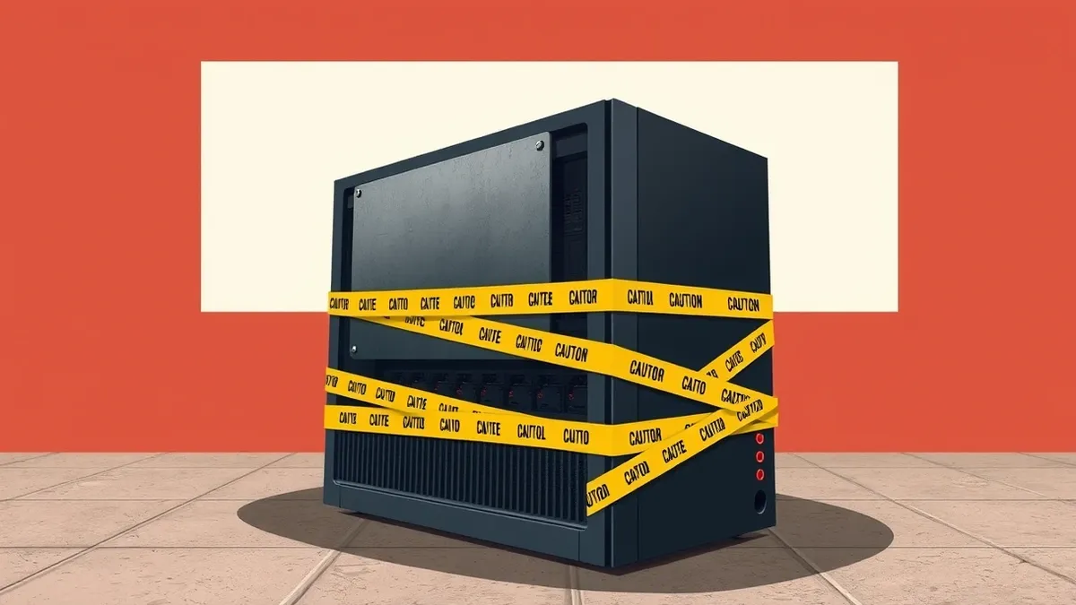 Illustration: A sleek black server tower sits isolated on a concrete floor, its front panel covered by a heavy steel plate to block access.