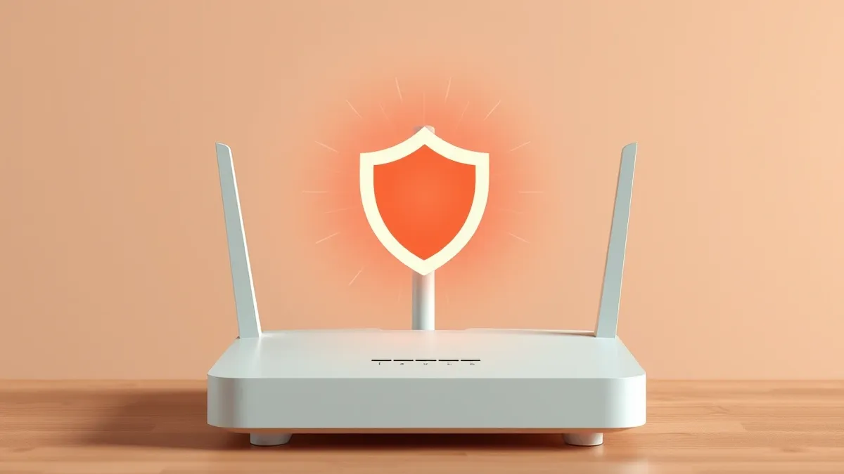 Illustration: A modern wireless router sits on a table with a glowing shield icon hovering above its antenna.