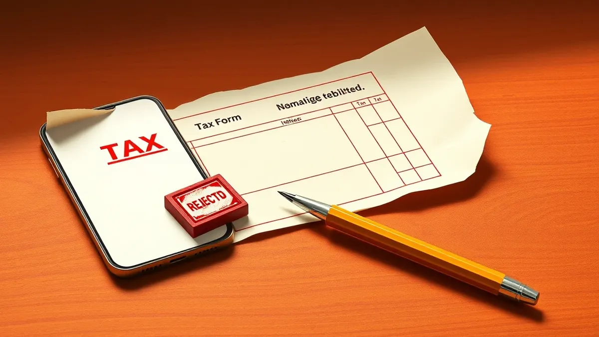 Illustration: A crumpled paper tax form lies on a wooden desk beside a blank smartphone.