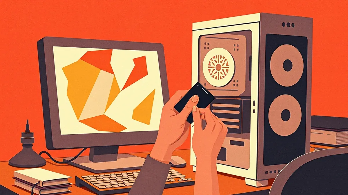 Illustration: A glowing computer monitor sits on a cluttered desk, its screen displaying abstract geometric shapes.