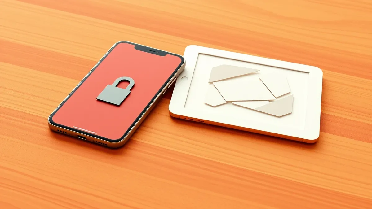 Illustration: A sleek smartphone rests on a wooden table, its screen displaying a single grey lock icon.