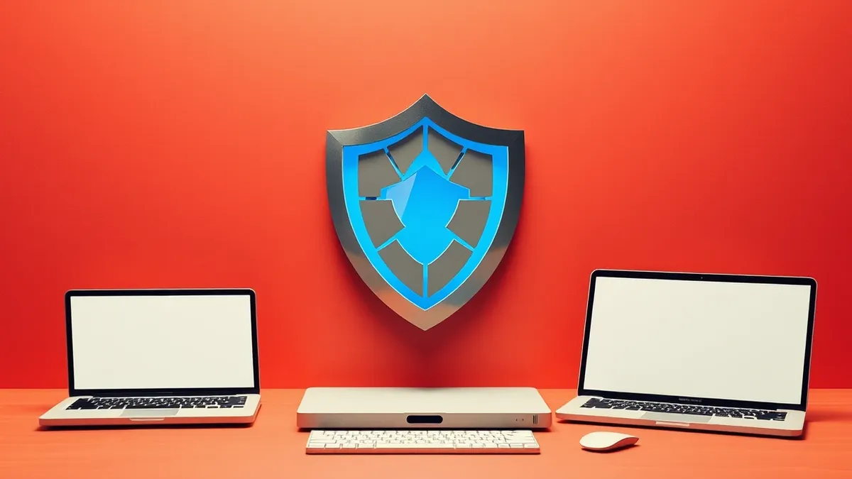 Illustration: A sleek, abstract silver shield merges with a glowing blue digital core in mid-air.