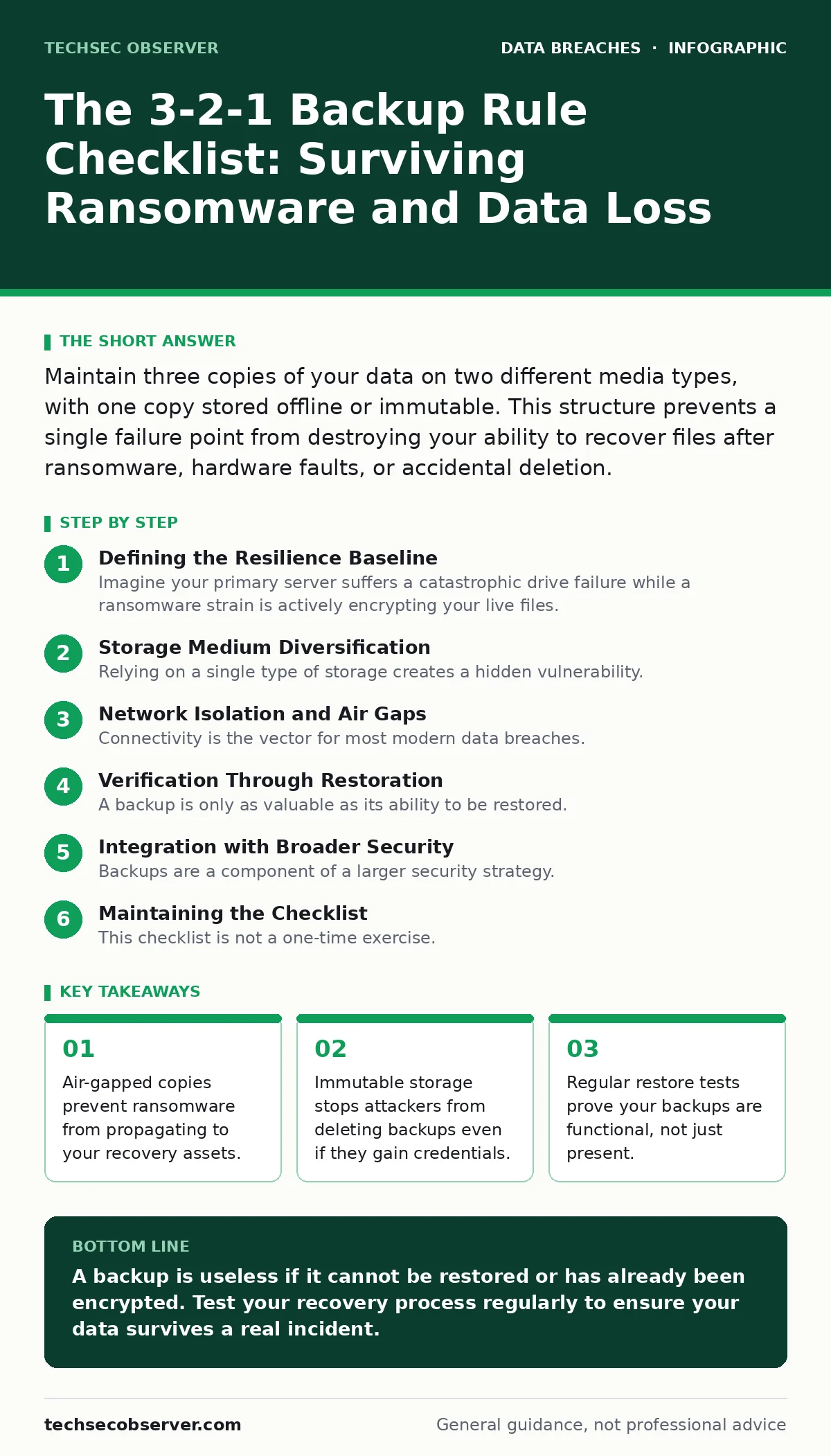 Infographic: The 3-2-1 Backup Rule Checklist: Surviving Ransomware and Data Loss. Air-gapped copies prevent ransomware from propagating to your recovery assets. Immutable storage stops attackers from deleting backups even if they gain credentials. Regular restore tests prove your backups are functio