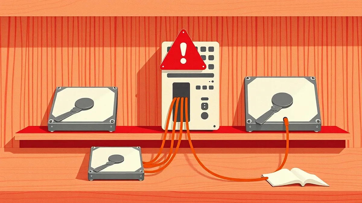 Illustration: Three identical hard drives sit on a wooden desk.