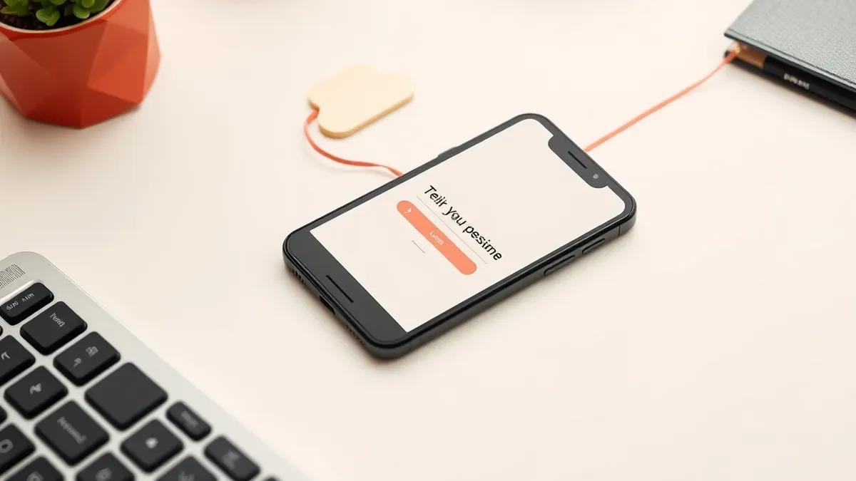 Illustration: A black smartphone rests on a white desk, its screen displaying a single verification prompt with a blank input field.