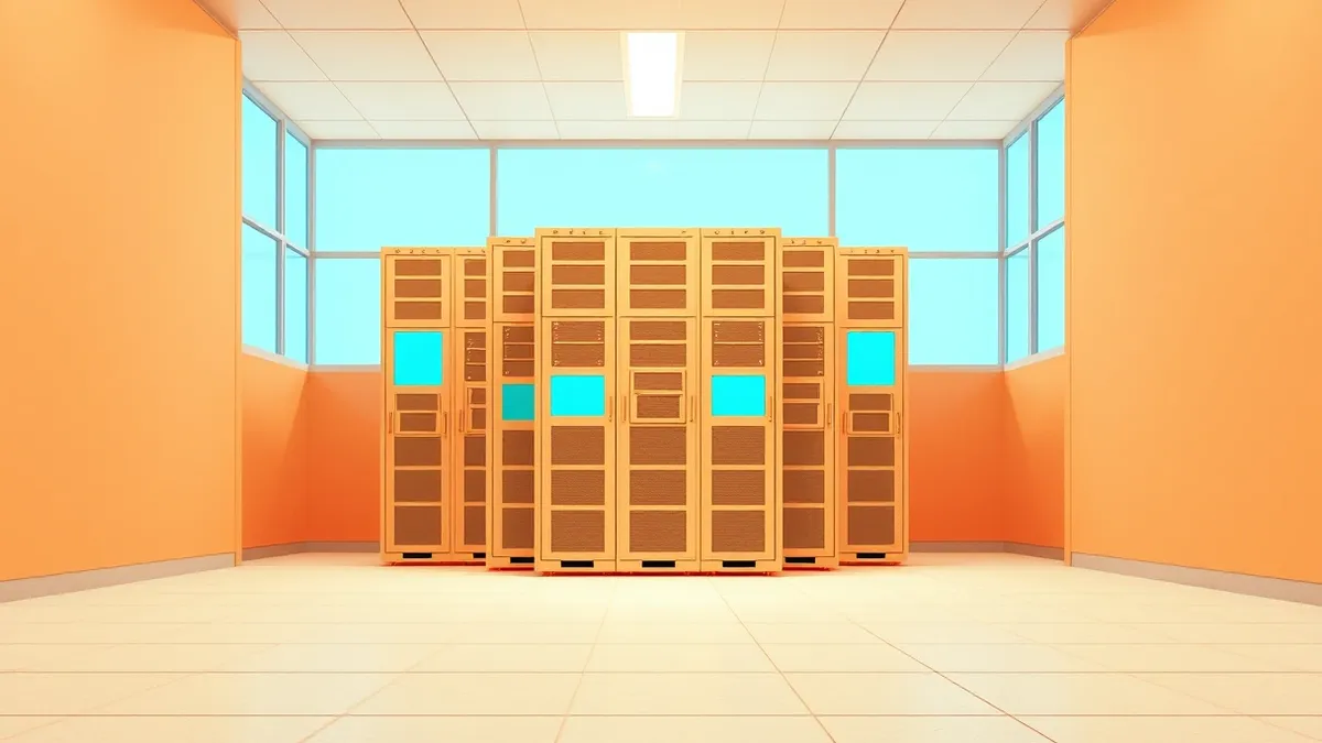 Illustration: A cluster of beige server blades sits quietly in a sterile, windowless room with raised flooring.