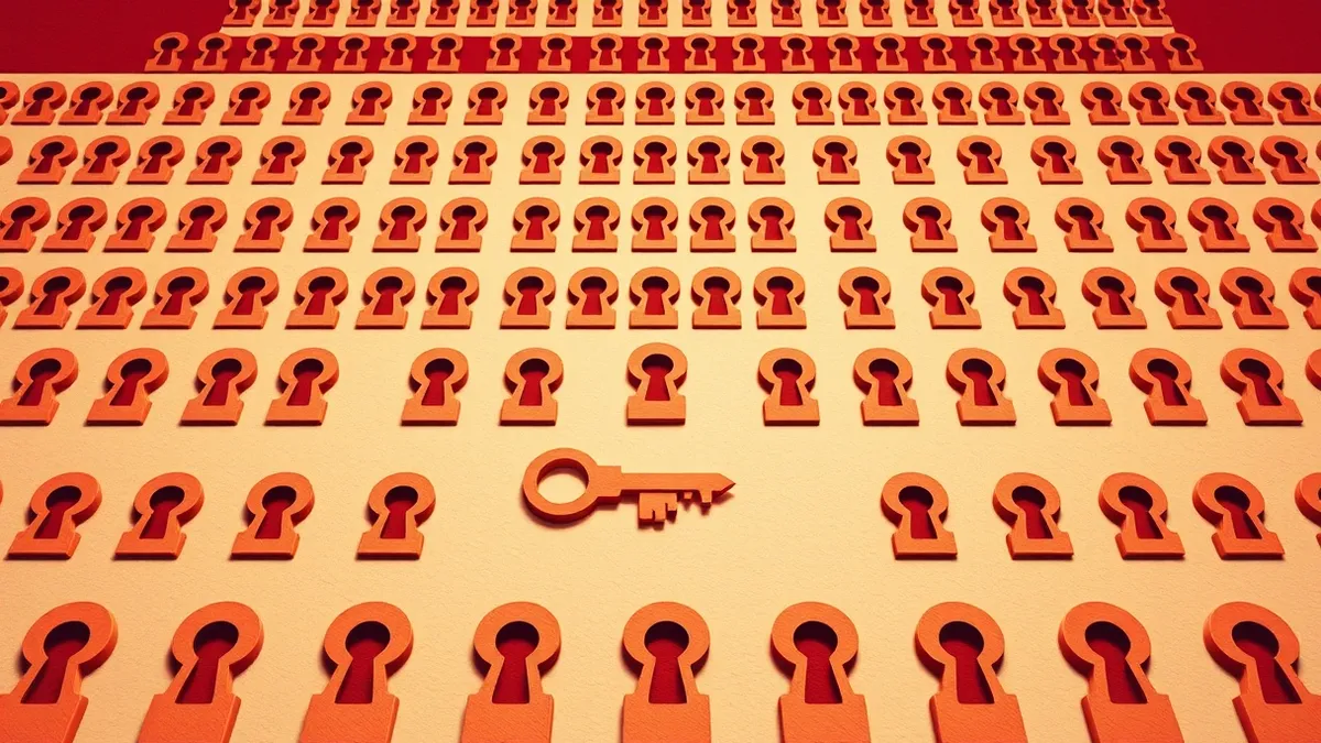 Illustration: A single key rests on a table, surrounded by dozens of identical, empty keyholes arranged in neat rows.