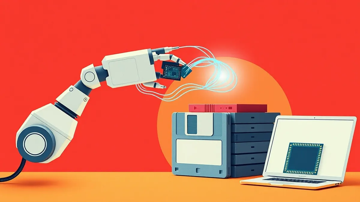 Illustration: A sleek robotic arm extends a glowing digital cable toward a stack of vintage floppy disks and silicon chips.