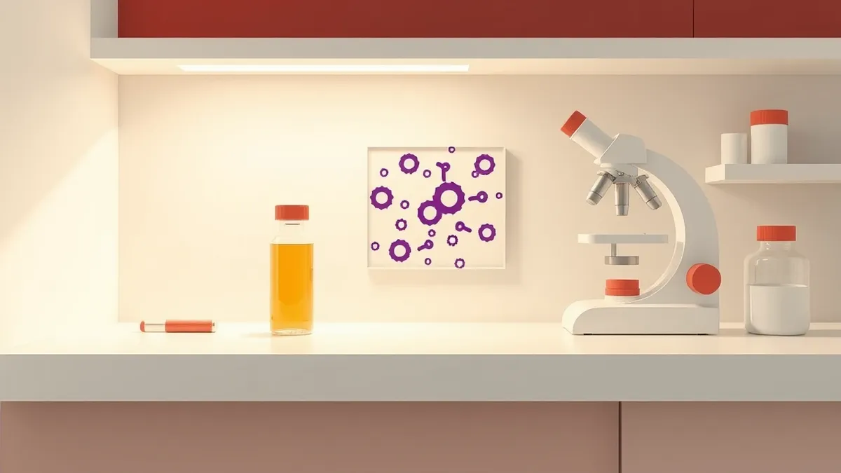 Illustration: A white laboratory bench holds a single glass vial with a red cap next to a microscope slide displaying abstract purple and blue cellular shapes under bright clinical