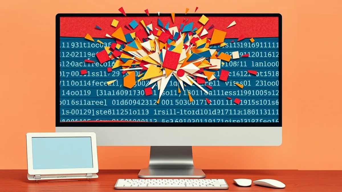 Illustration: A computer monitor displays a chaotic storm of multicolored geometric shapes and abstract noise crashing into a neat grid of blue code blocks.