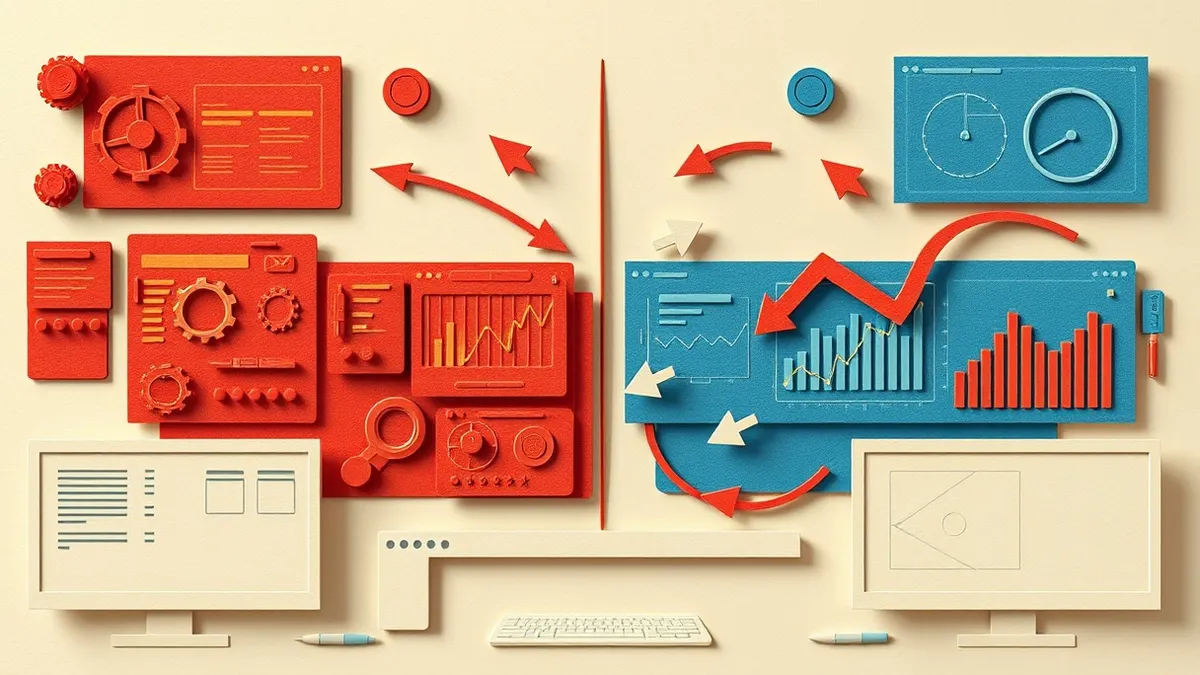 Illustration: A split workspace shows red offensive tools and blue defensive dashboards merging into a single interface.