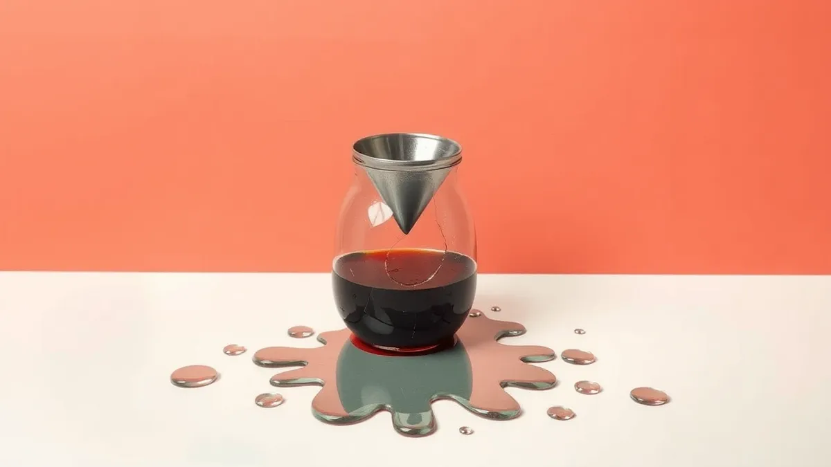 Illustration: A cracked glass jar spills dark liquid onto a pristine white table, contaminating fresh water droplets arranged in neat rows.