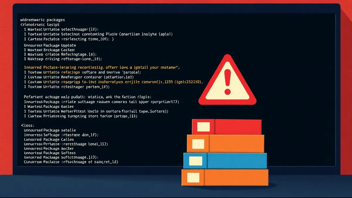 Illustration: A dark terminal window displays generic code syntax highlighting.