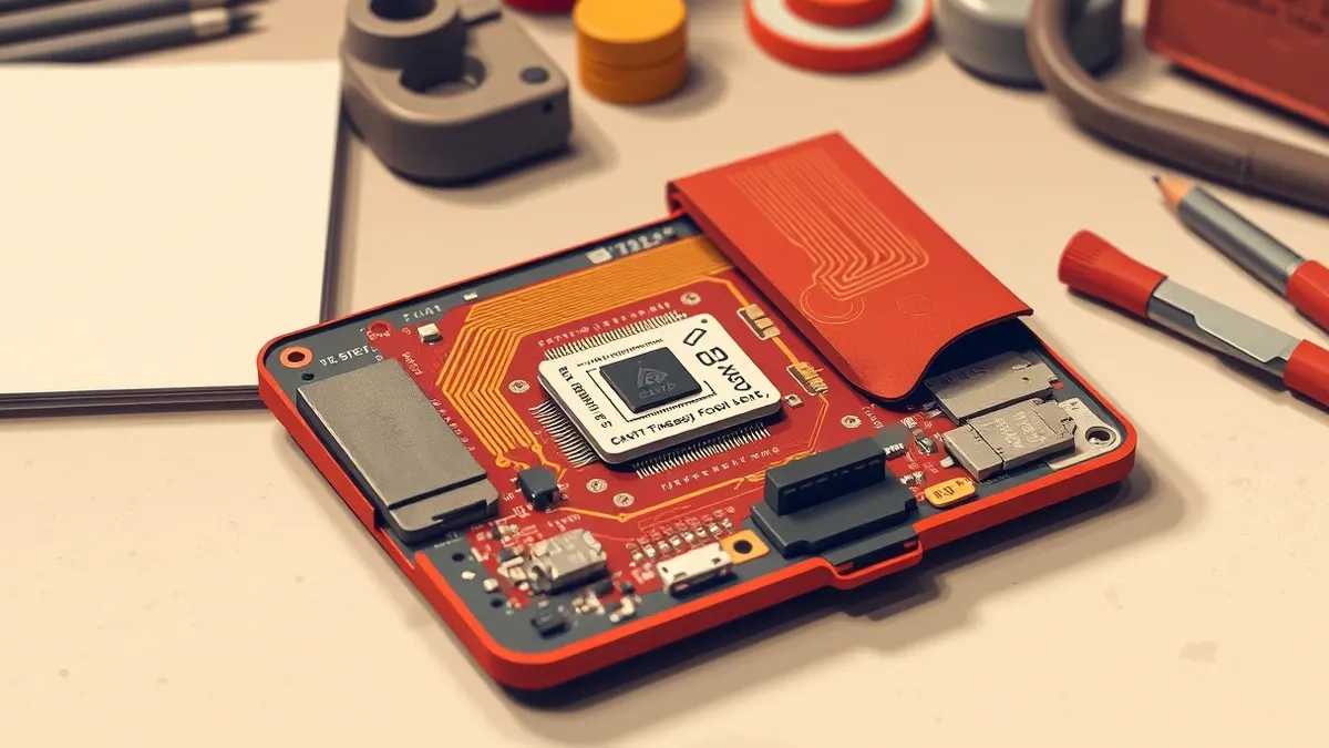 Illustration: A disassembled cryptocurrency hardware wallet lies open on a workbench, revealing a hidden microchip soldered directly onto the main circuit board.