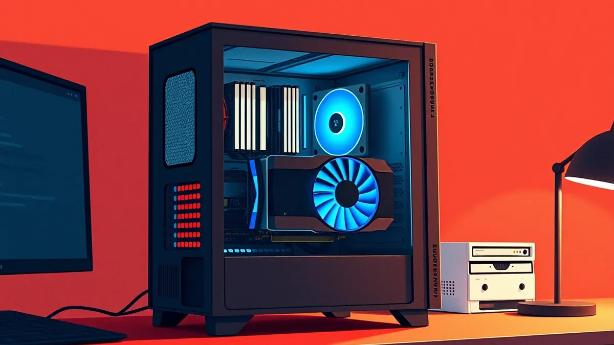 Illustration: A sleek desktop gaming tower sits on a desk with its side panel removed.