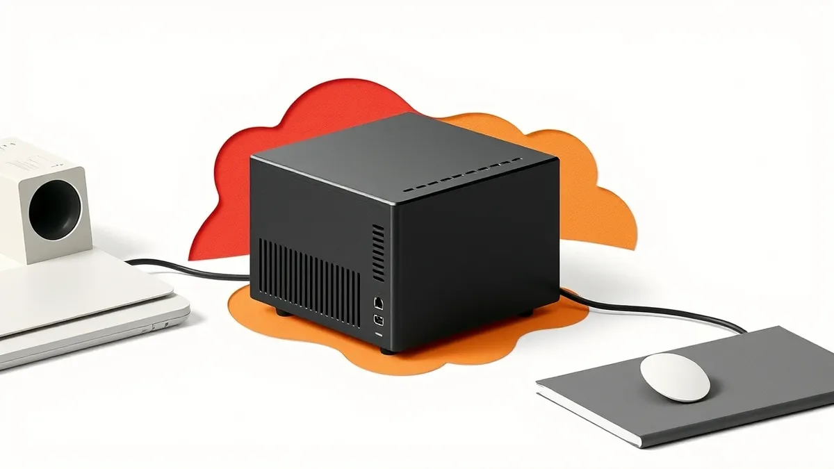 Illustration: A sleek black mini computer sits on a white desk.