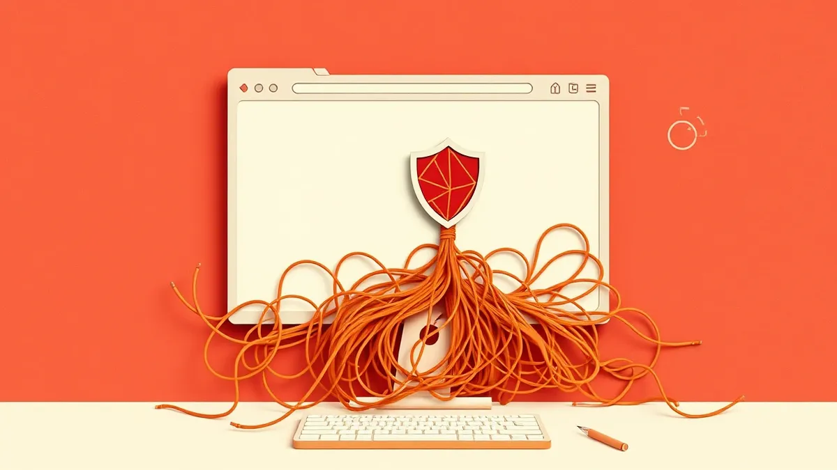 Illustration: A modern web browser window displays a blank webpage with a stylized shield icon hovering over a chaotic tangle of tangled wires.