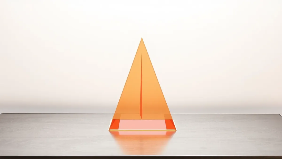 Illustration: A large glass prism sits on a metal table, splitting a single beam of white light into distinct colored rays that pass through a grid of transparent sheets.