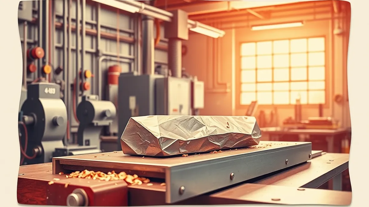 Illustration: A titanium ingot rests on a steel workbench inside a bright industrial machine shop, surrounded by precision cutting tools and metal shavings.