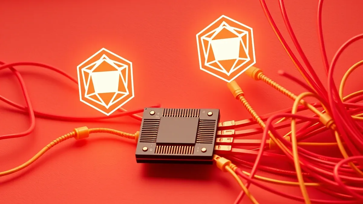 Illustration: A sleek quantum processor chip sits beside a tangled mesh of fiber optic cables.
