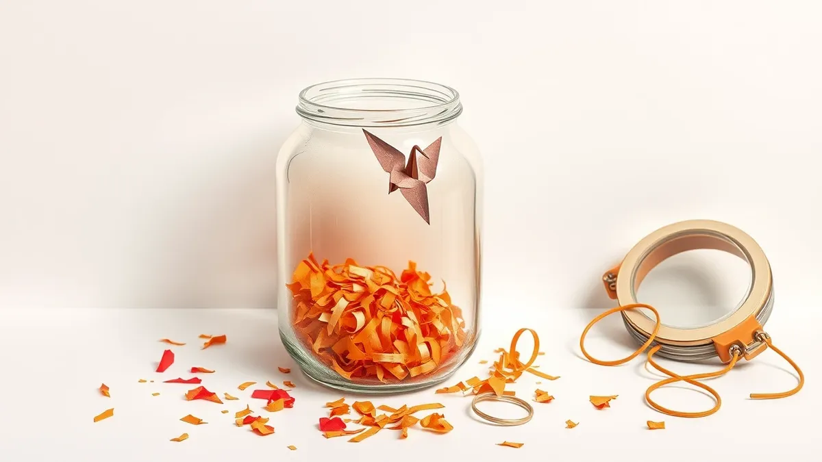 Illustration: A translucent glass jar sits on a sterile white surface, containing scattered fragments of shredded paper and tangled fiber-optic cables.
