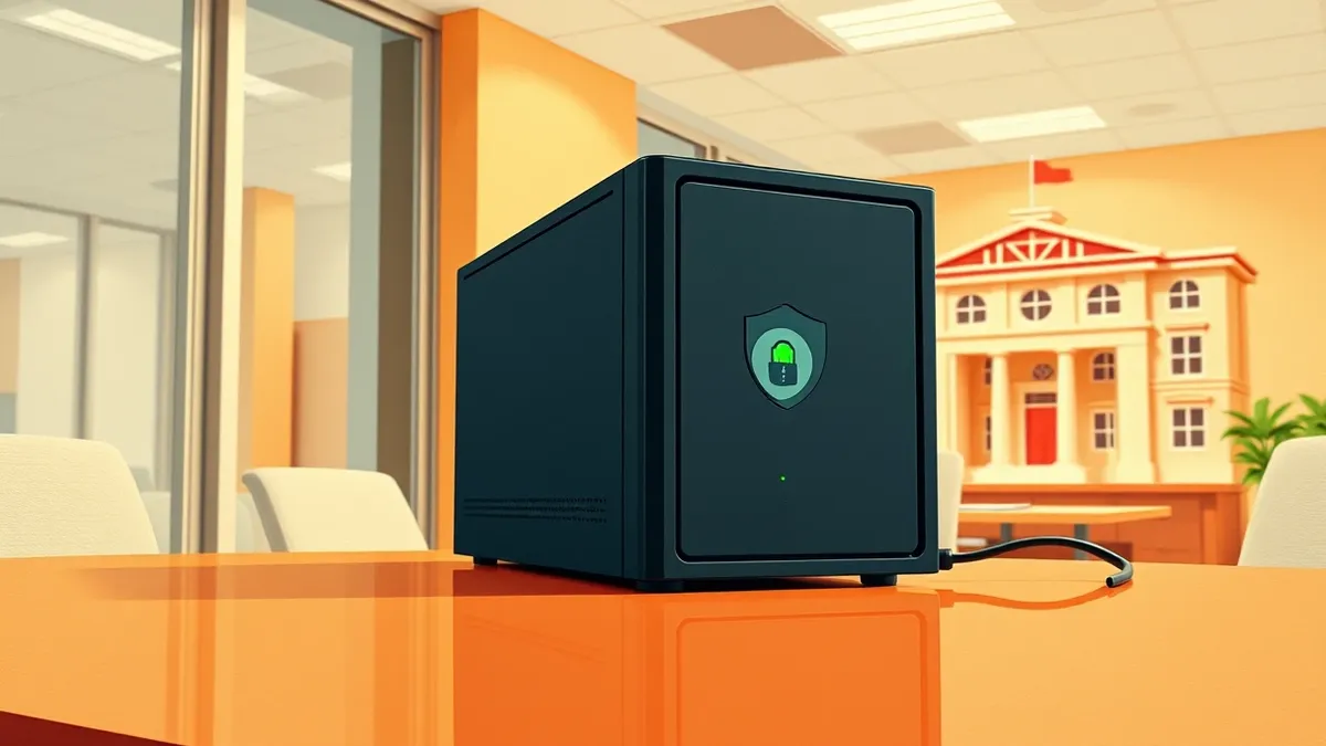 Illustration: A sleek black security server sits on a polished desk inside a bright public office, its status lights glowing green.