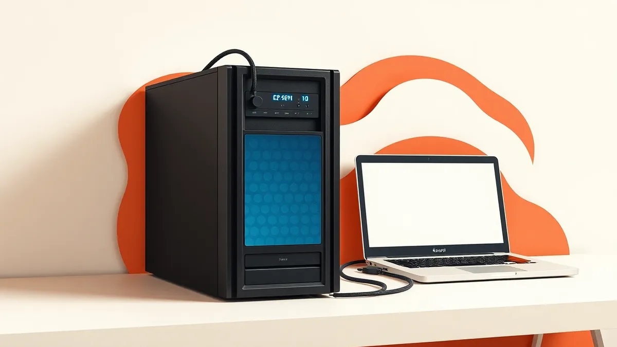 Illustration: A sleek black server chassis sits on a clean white desk next to a generic laptop with a blank screen.