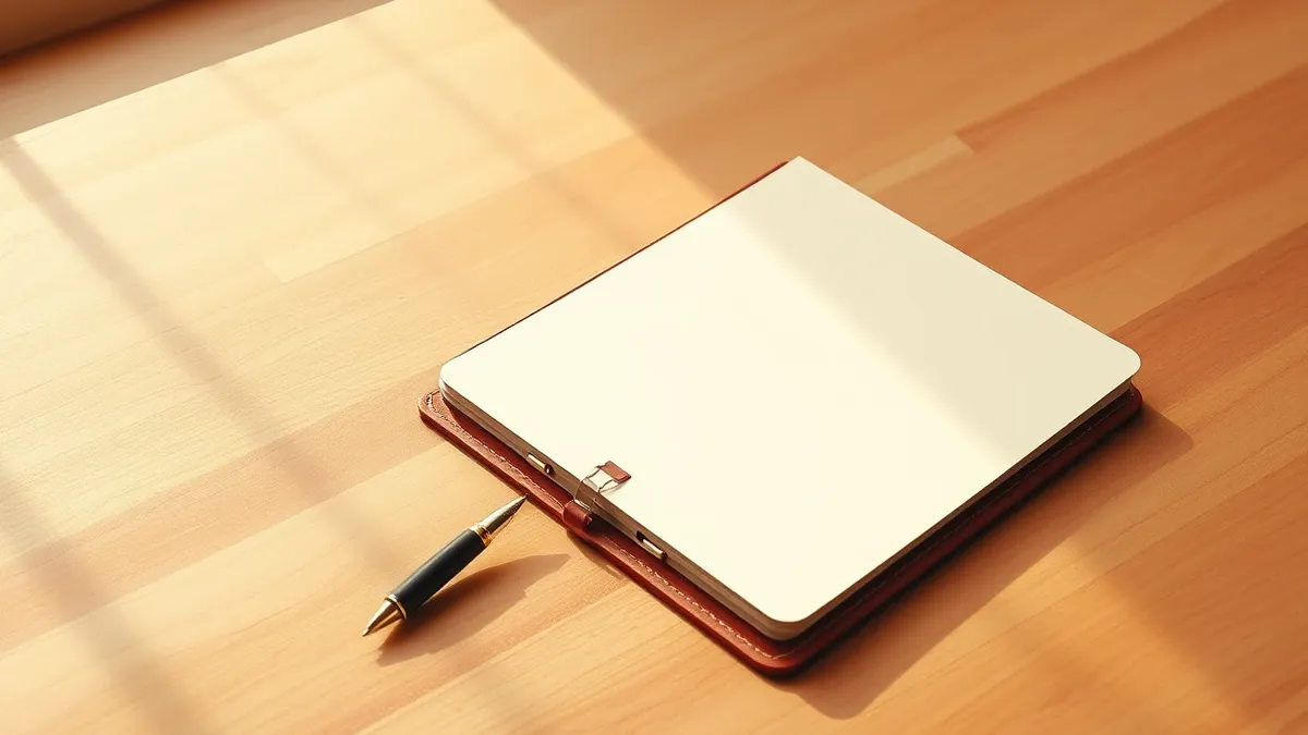 Illustration: A minimalist wooden desk holds a solitary fountain pen resting beside a closed leather portfolio.