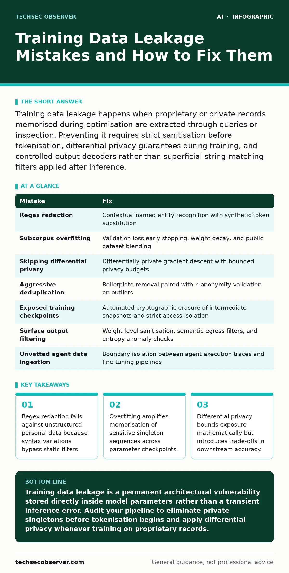 Infographic: Training Data Leakage Mistakes and How to Fix Them. Regex redaction fails against unstructured personal data because syntax variations bypass static filters. Overfitting amplifies memorisation of sensitive singleton sequences across parameter checkpoints. Differential privacy bounds exp