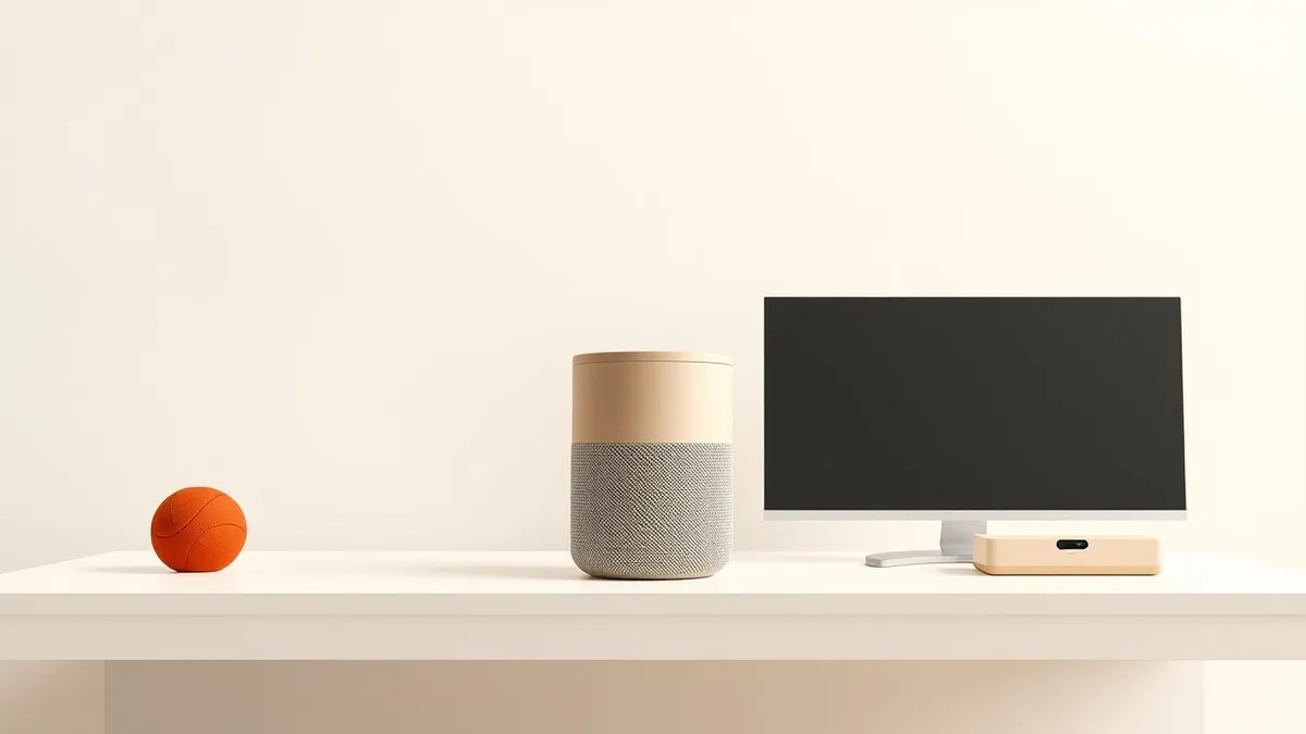 Illustration: A sleek, minimalist white table holds three distinct devices under soft studio lighting.