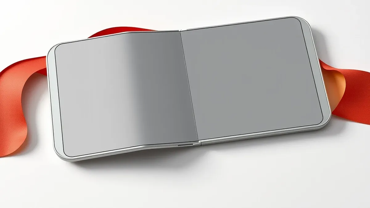 Illustration: A silver foldable smartphone rests open on a white surface, displaying a blank grey screen.