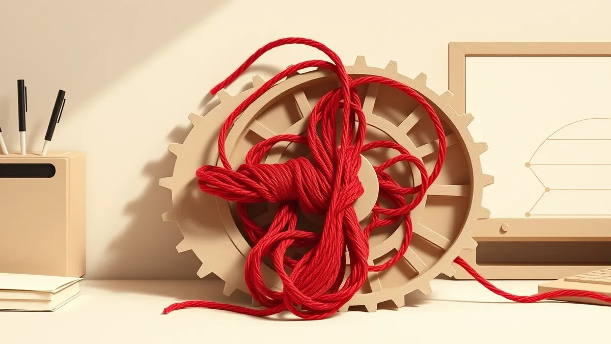 Illustration: A tangled knot of red yarn sits on a clean desk, representing the messy injection string.